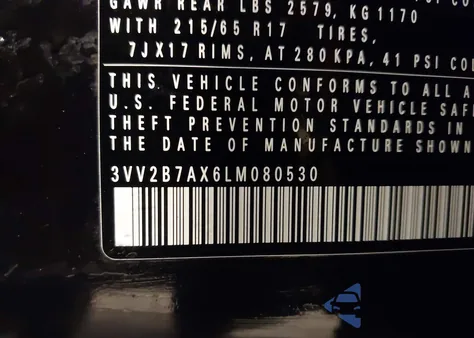 2020 Volkswagen Tiguan 2.0T Se/2.0T Se R-Line Black/2.0T Sel z USA, uszkodzony, nr VIN 3VV2B7AX6LM080530